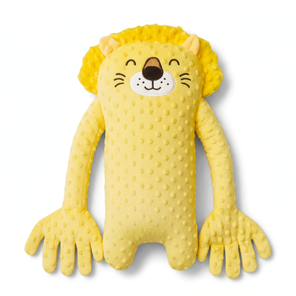 Yellow lion plush with a mane and oversized hands