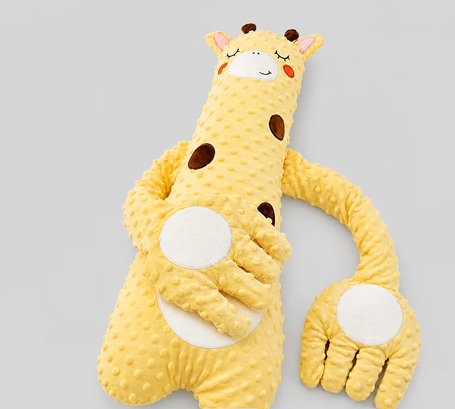 Yellow giraffe-shaped plush with brown spots and long arms